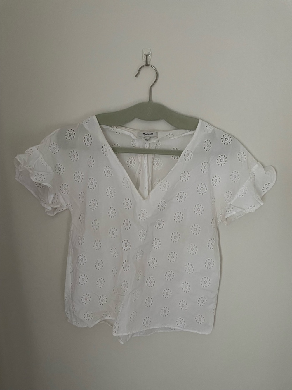 Madewell White Eyelet V-Neck Ruffle Sleeve Top